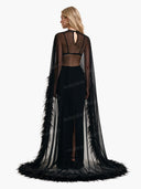 Elegant Sheer Feather Trim Top & Mermaid Maxi Skirt Two-Piece Set