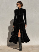 Retro Velvet High Neck Button Front Maxi Dress