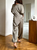 Retro Embroidered Waist Belt Satin Shirt & Harem Pants Set