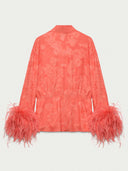 Elegant Feather Trim Jacquard Wrap Blouse & Pants Two-Piece Set