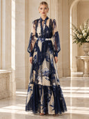 Elegant Abstract Floral Print Sheer Chiffon Maxi Dress