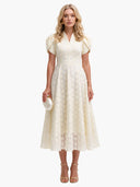 Elegant Floral Textured Puff Sleeve Midi Dress