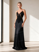 Elegant Satin Lace Patchwork Backless Maxi Dress