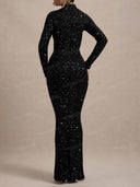 Sequin Mock Neck Long Sleeve Mermaid Maxi Dress