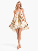 Exquisite Floral Print Organza Lace-Trim Mini Dress
