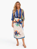 Striped Print Button-Up Shirt & Wrap Midi Skirt Set