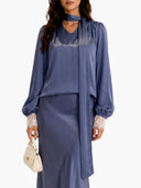 Elegant Puff Sleeve Satin Top & Lace Trim Maxi Skirt Two-Piece Set