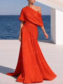 Elegant Asymmetric One Shoulder Pleated Draped Maxi Dress
