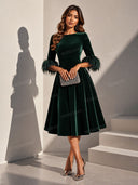 Elegant Velvet Feather Cuff Midi Dress