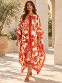 Elegant Self-Tie Satin Print Flowing Kaftan Maxi Dress