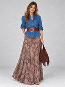 Boho Ruffle Neck Denim Top & Paisley Maxi Skirt Set