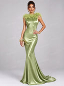 Elegant Feather Trim Mermaid Evening Maxi Dress