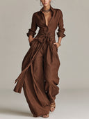 Minimalist Shirt And Lace-Up Wide-Leg Pants Set