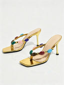 Square-Toe Gemstone T-Strap Stiletto Heeled Sandals