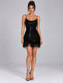 Sexy Sequin Fringe Trim Cowl Neck Mini Dress