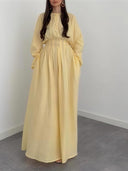 Elegant Pleated Long Sleeve Pocket Maxi Dress