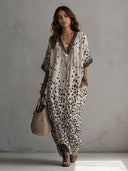 Bohemian Leopard Print V-Neck Batwing Sleeve Maxi Dress