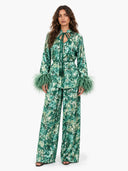 Exquisite Watercolor Print Feather Cuff Tie Shirt & Wide-Leg Pants Two-Piece Set
