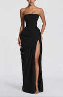 Strapless Pleated Slit Maxi Dress