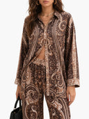 Retro Paisley Print Satin Shirt & Wide-Leg Pants Two-Piece Set