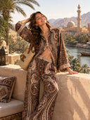 Retro Paisley Print Satin Shirt & Wide-Leg Pants Two-Piece Set