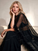 Elegant Sheer Feather Trim Top & Mermaid Maxi Skirt Two-Piece Set