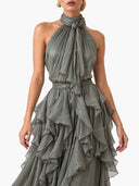 Elegant Halter Neck Ruffle Chiffon Flowy Maxi Dress