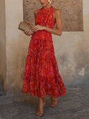 Elegant Halter Neck Abstract Print Tiered Maxi Dress