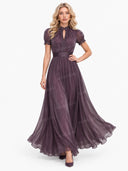 Elegant Lace Trim Pleated Chiffon Maxi Dress