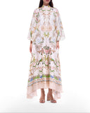Exquisite Flared Sleeve Floral Print Satin Maxi Dress