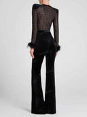 Elegant Lace Feather Trim Velvet Flare Jumpsuit