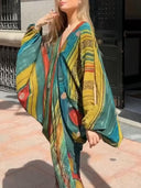 Retro Abstract Print V-Neck Balloon Sleeve Maxi Dress
