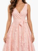 Elegant V-Neck Lace Embroidered Tie-Front Midi Dress