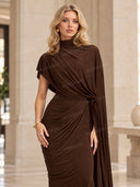 Irregular Shawl Pleated Maxi Dress