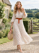 Unique Pattern Print V-Neck Simple Belt Midi Dress