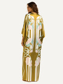 Elegant Floral Print Batwing Sleeve Satin Kaftan Maxi Dress