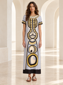 Retro Geometric Ethnic Print Short Sleeve Straight Maxi Dress