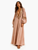 Casual Floral Embroidered Deep V Neck Puff Sleeve Maxi Dress