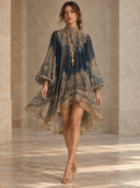 Elegant Vintage Print High Neck Flowy Mini Dress
