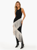 Elegant Asymmetrical Fringe Trim Bodycon Maxi Dress