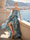 Elegant Vibrant Floral Print Tiered Ruffle Maxi Dress