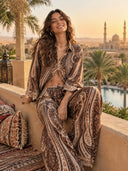 Retro Paisley Print Satin Shirt & Wide-Leg Pants Two-Piece Set