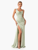 Elegant Satin Asymmetric Draped Neck Waist-Cinched Maxi Dress