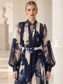 Elegant Abstract Floral Print Sheer Chiffon Maxi Dress