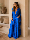 Boho Print Deep V-Neck Top & Wide Leg Pants Two-Piece Set
