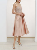 Elegant Pearl Mesh Top & Satin Midi Skirt Set