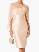Asymmetrical One-Shoulder Sheer Shawl Satin Midi Dress