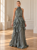 Elegant Halter Neck Ruffle Chiffon Flowy Maxi Dress