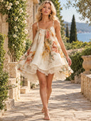 Exquisite Floral Print Organza Lace-Trim Mini Dress