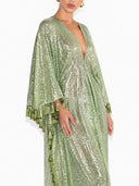 Sequin Deep V-Neck Fringe Kaftan Maxi Dress